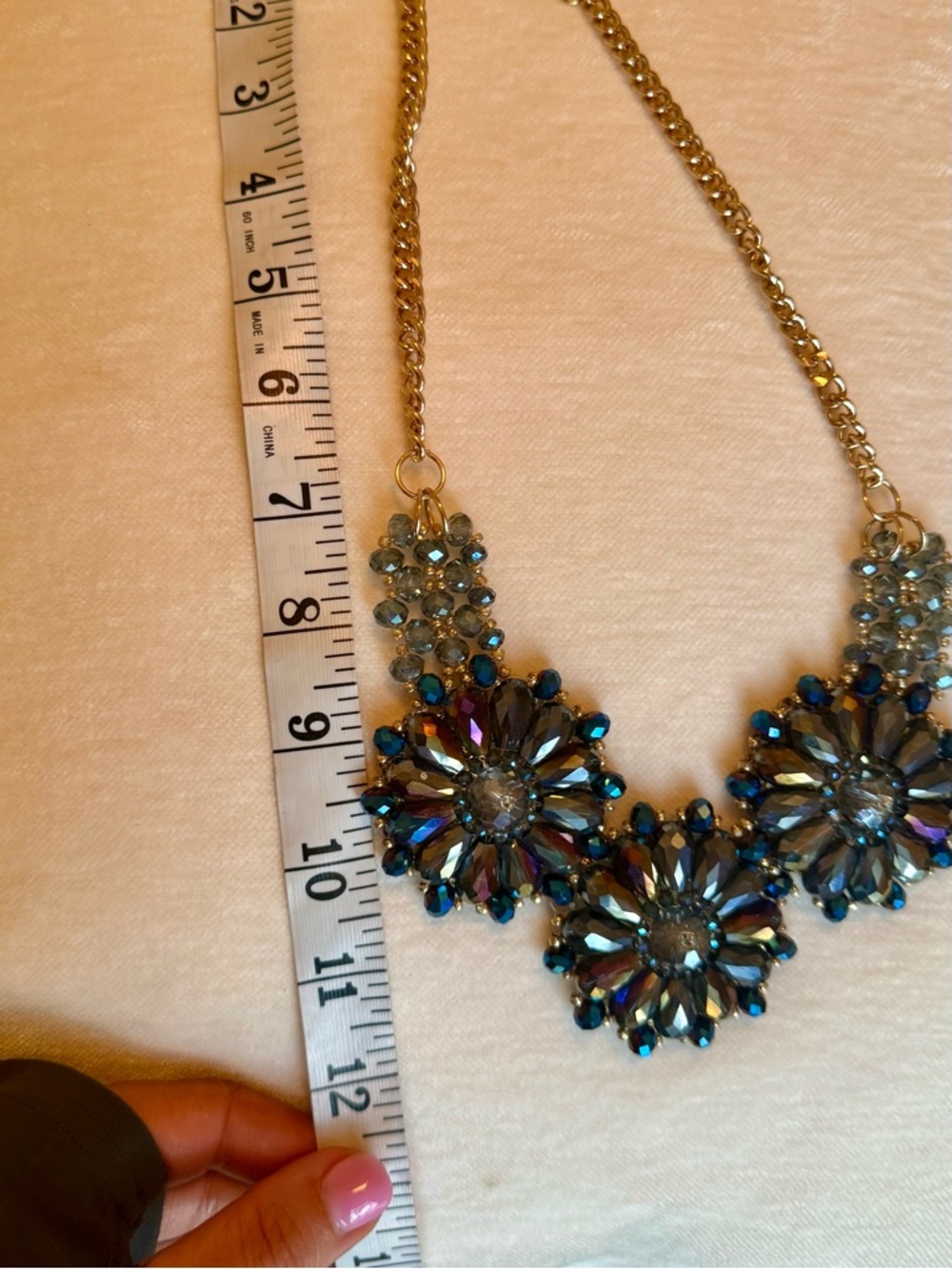 Gold-Tone Necklace with Iridescent Blue Crystal Flowers
